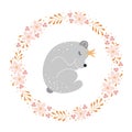 Cute bear cub sleeping in flowers frame. Childish vector cartoon illustration. Pastel tender colors.